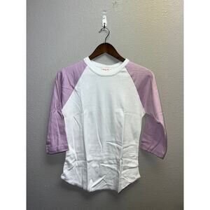 80s Women's Vintage Lucky Star White Light Purple Raglan Shirt Top M